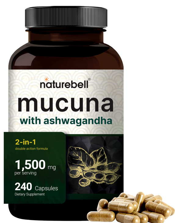 Mucuna Pruriens Capsules, Triple Strength 1500mg Per Serving, 2 in 1 Formula, Made with Mucuna and Ashwagandha, 240 Capsules, Potent Seed Extract, Po