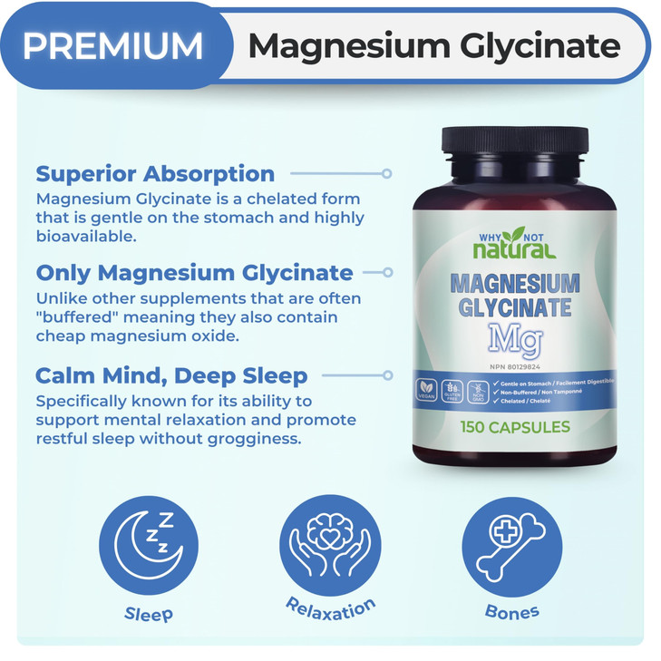 Why Not Natural Magnesium Glycinate 500 mg Capsules Supplement - Vegan, No Filler - Supports Sleep and Relaxation