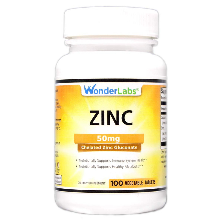 Wonder Laboratories Chelated Zinc Gluconate 50 mg - Supports Healthy Skin, Immune System, Cell Growth, and More - 100 Vegetarian Tablets