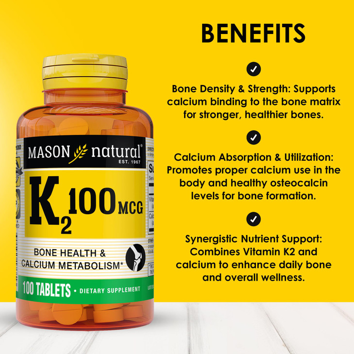 MASON NATURAL Vitamin K2 100 mcg with Calcium, Supports Bone, Heart & Muscle Health, 100 Tablets, Pack of 3