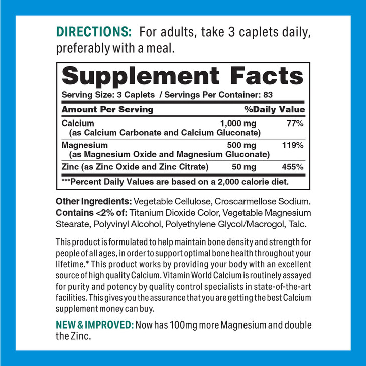Vitamin World Calcium Magnesium Zinc"Promotes Bone Health 250 Coated caplets