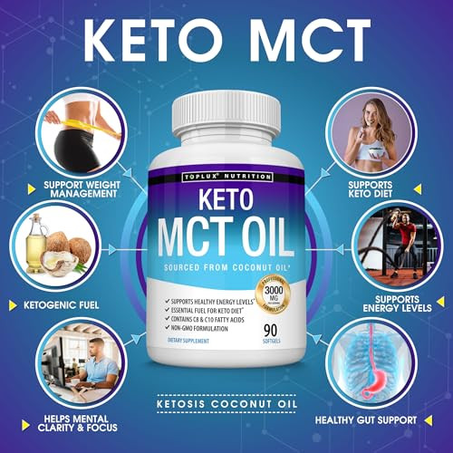 Toplux Keto MCT Oil Capsules - 3000mg Natural Pure Coconut Oil Extract Pills, Source of Energy, Easy to Digest for Men Women, 90 Softgels, Supplement