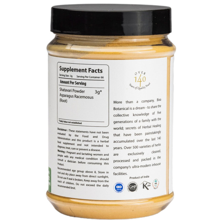 bixa BOTANICAL Shatavari Root Powder | Asparagus Racemosus |Ayurvedic Herbal Supplement | Gluten Free, Non-GMO, Steam Treated, Vegan, 100% Pure.Women