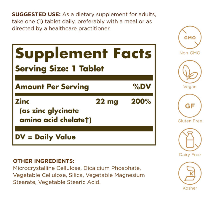 Solgar Chelated Zinc - 250 Tablets, Pack of 2 - Antioxidant, Skin & Immune System Support - Non-GMO, Vegan, Kosher, Gluten Free - 500 Total Servings