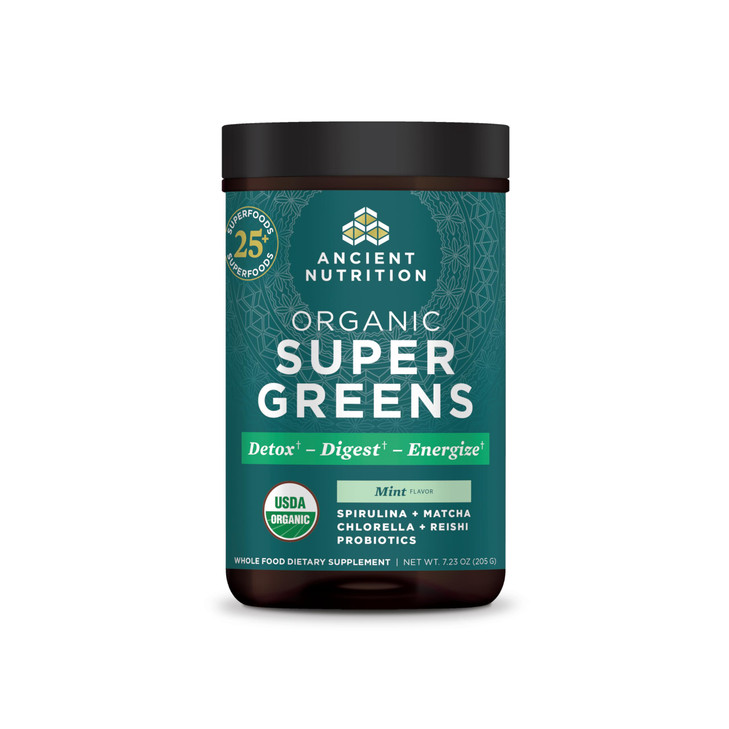 Ancient Nutrition SuperGreens Powder with Probiotics, Organic Peppermint Flavor Greens, Made from Real Fruits, Vegetables and Herbs, for Digestive an