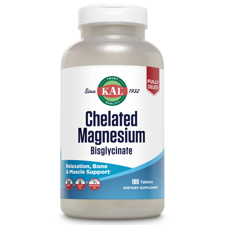 KAL Chelated Magnesium Bisglycinate, Magnesium Supplement for Relaxation, Bone Health, Nerve & Muscle Function Support*, High Absorption, Gentle Dige