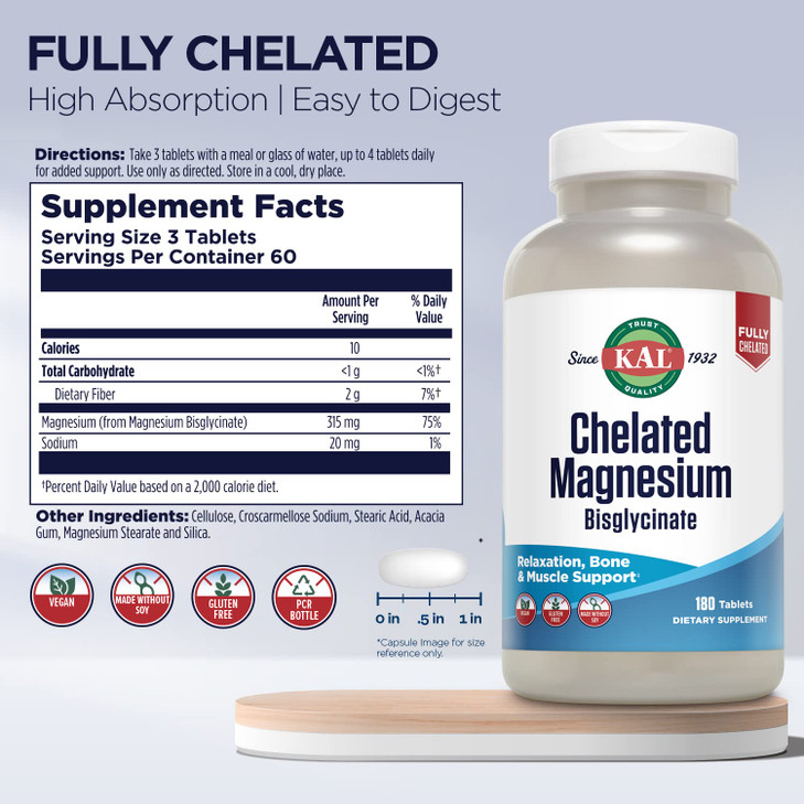 KAL Chelated Magnesium Bisglycinate, Magnesium Supplement for Relaxation, Bone Health, Nerve & Muscle Function Support*, High Absorption, Gentle Dige