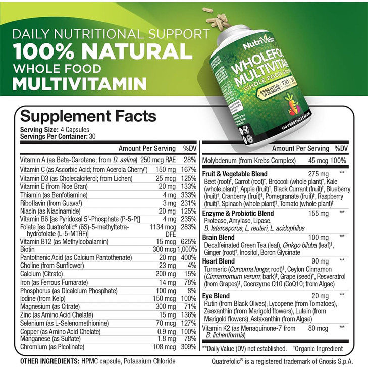 Nutrivein Whole Food Multivitamin for Men & Women  120 Vegan Multivitamin Caps for Adults  Daily Energy, Immune & Heart Support  Raw Fruit & Veggi