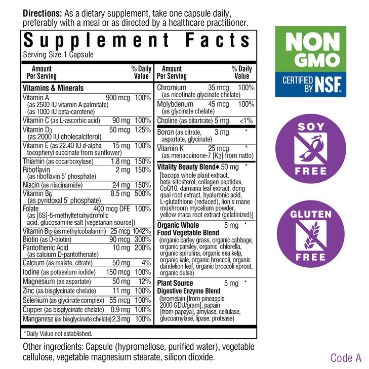 Bluebonnet Nutrition Ladies ONE 40+ Whole Food-Bed Multiple, Women Multivitamin for Women 40+, Soy-Free, Non-GMO, Gluten Free, 30 Vegetable Capsules