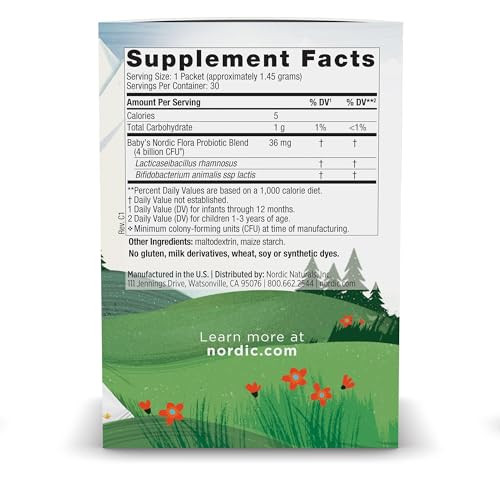 Nordic Naturals Babys Nordic Flora Probiotic Powder, Unflavored - 30 Packets - 4 Billion CFU - Digestive Health & Immune Support for Babies & Toddle