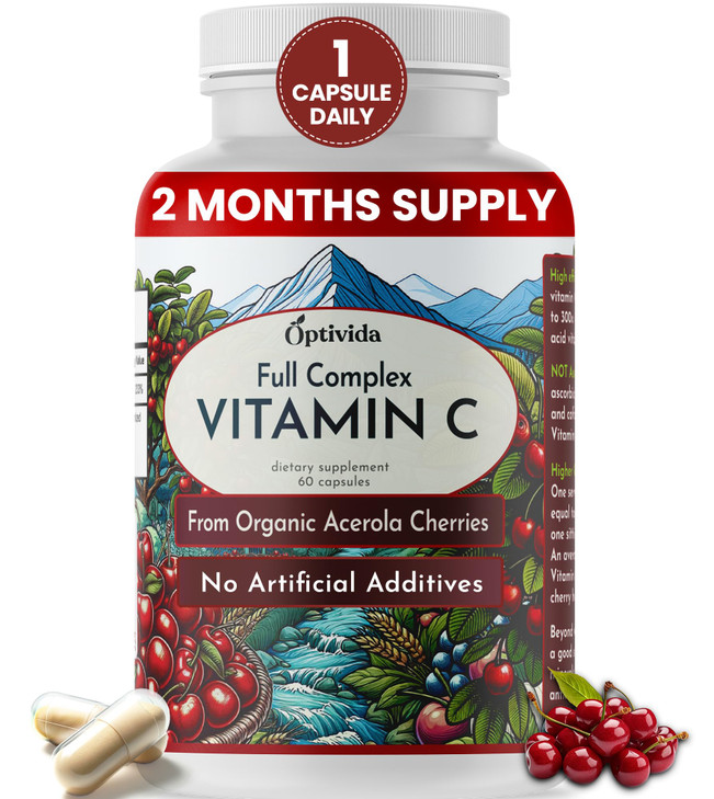 OPTIVIDA Health Acerola Cherry Capsules (60 Days Supply)  Plant-Based Vitamin C for Immune Support  Enhances Absorption  Supports Skin, Joints & I
