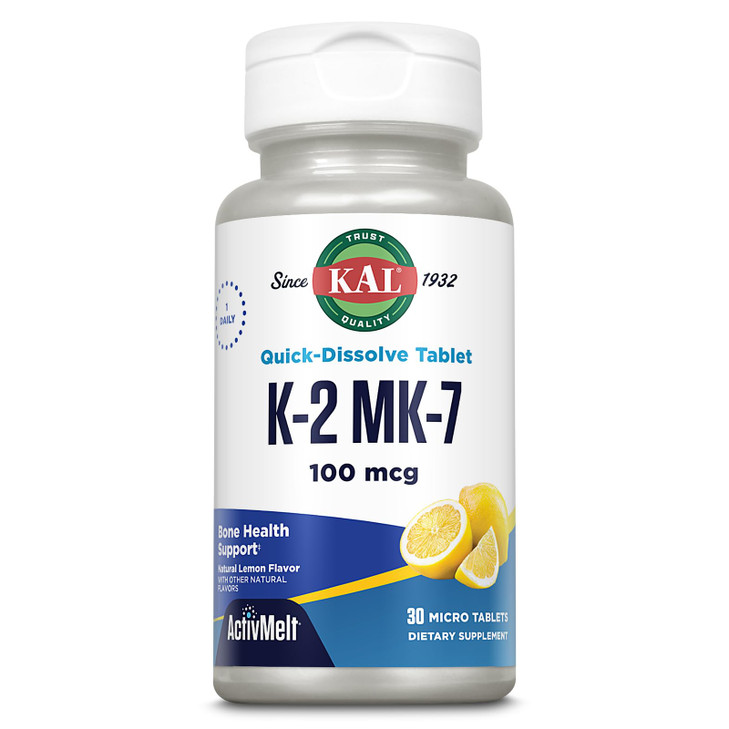 KAL K-2 500mcg Tablets - K2 Vitamin Supplement for Women and Men, Fast-Dissolve for Optimal Absorption, Natural Lemon Flavor, Vegetarian - 100 Micro