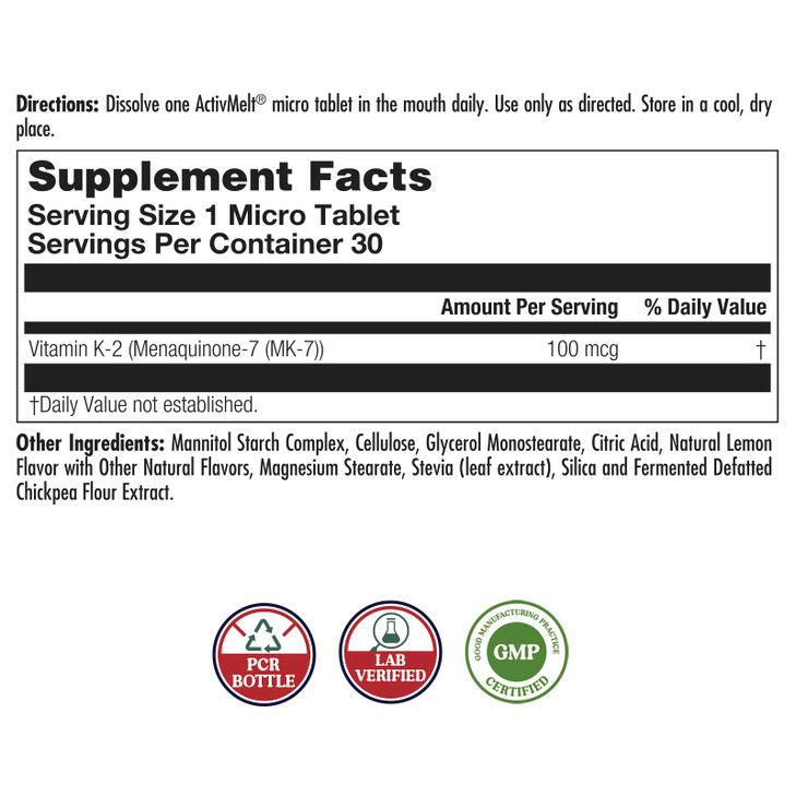 KAL K-2 500mcg Tablets - K2 Vitamin Supplement for Women and Men, Fast-Dissolve for Optimal Absorption, Natural Lemon Flavor, Vegetarian - 100 Micro