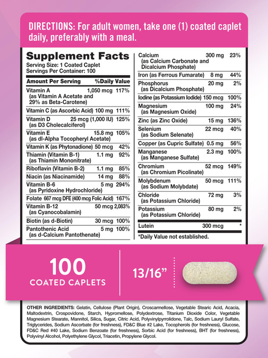 Nature's Truth Women's 50+ Multivitamin Caplets | 100 Count | with Vitamin A, C, D, E and Zinc | Non-GMO & Gluten Free Supplement
