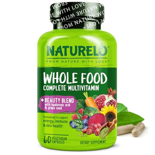 NATURELO Whole Food Multivitamin with Extra Hair, Skin and Nails Support - Beauty Blend with Hyaluronic Acid & Grape Seed - High Potency Biotin, Vita