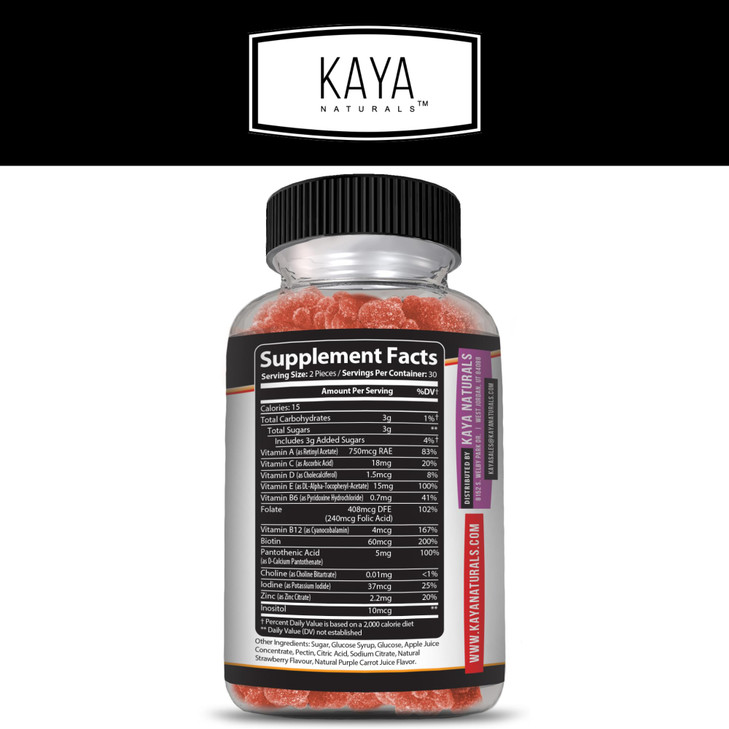Kaya Naturals Adult Multi Vitamin Gummy, Biotin, Vitamin A, C & E, Including Zinc &Vitamin B-12, Folic Acid, Strawberry Flavor | Gluten-Free multivit