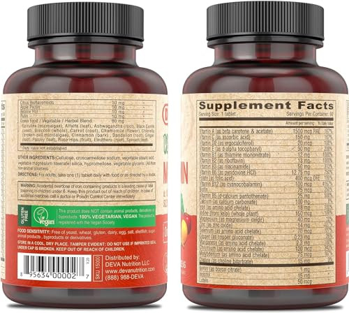 DEVA Vegan Multivitamin & Mineral Supplement with Iron 2-Pack, Spirulina, Chlorella, Ashwagandha, Broccoli & More, 90 Coated Tablets Each