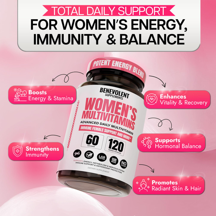 Multivitamin for Women - Supplement for Energy, Immunity, & Female Support - Daily Vitamins for Women with Biotin, Calcium, Magnesium - Non-GMO, Vege
