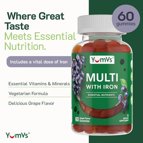 YUM-V'S Iron Gummies - Multivitamin Iron Supplement with Vitamin C, A, B & Zinc, Supports Blood Oxygen, Vegan Supplements for Women, Men & Kids for G