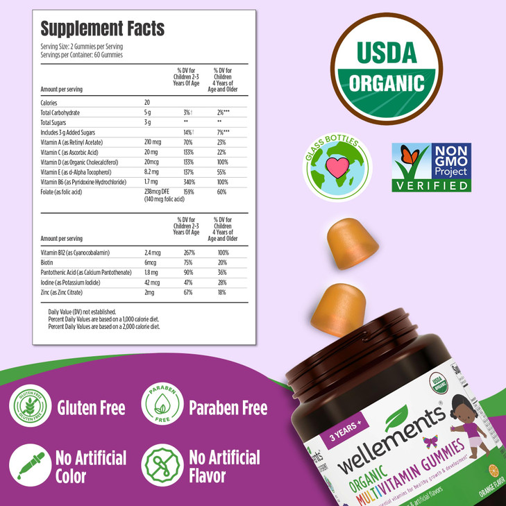 Wellements USDA Organic Kids Multivitamin Gummies 60 Ct (3+ Years) | Essential Kids Vitamins A, B, C, D, E & Zinc | Supports Healthy Growth & Develop