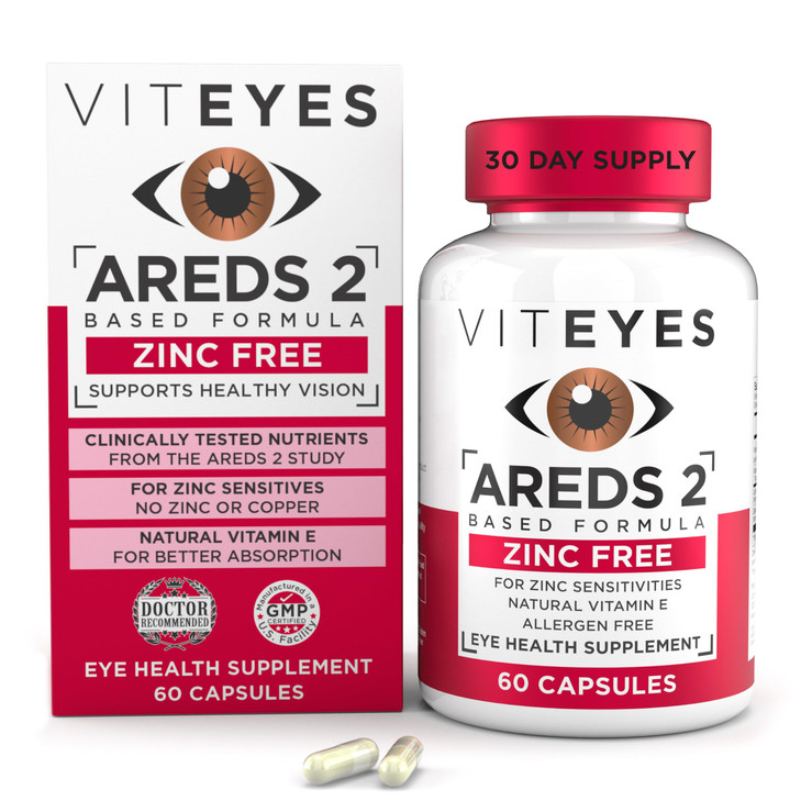 Viteyes AREDS 2 Zinc Free Macular Support, Natural Allergen Free Capsules with Vitamin E, Vitamin C, Lutein & Zeaxanthin, No Zinc, No Copper, Eye Doc