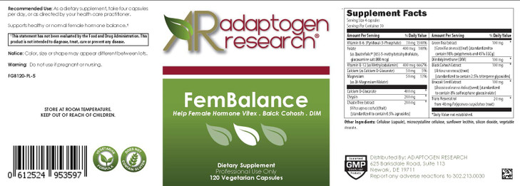 FemBalance | Help Female Hormone Vitex + Black Cohosh + DIM + Green Tea + Vitamins B6 & Folate & B12 | 120 Vegetarian Capsules | Adaptogen Research