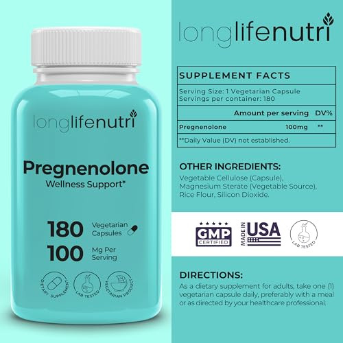 Brain & Hormone Support Pregnenolone - 180 Veggie Caps for Enhanced Memory, Focus & Vitality - Made in USA