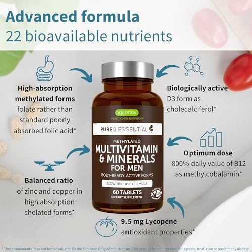 Igennus Methylated Men's Multivitamin with 22 Actives, All-Day Nutrient Delivery, Pure & Clean, Methylfolate & Methylcobalamin, High Strength MTHFR S