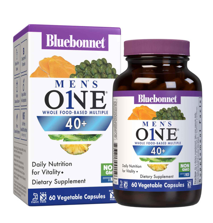 Bluebonnet Nutrition Mens' ONE 40+ Whole Food-Based Multiple, Men Multivitamin for Men 40+, Soy-Free, Non-GMO, Gluten Free, Kosher, 60 Vegetable Caps