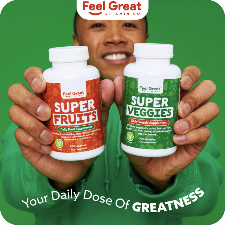 Feel Great Fruit and Vegetable Supplements | 20+ Super Reds & Greens for Natural Energy Support | Vegan Fruit and Veggie Vitamins | 2 Pack of 90 Coun
