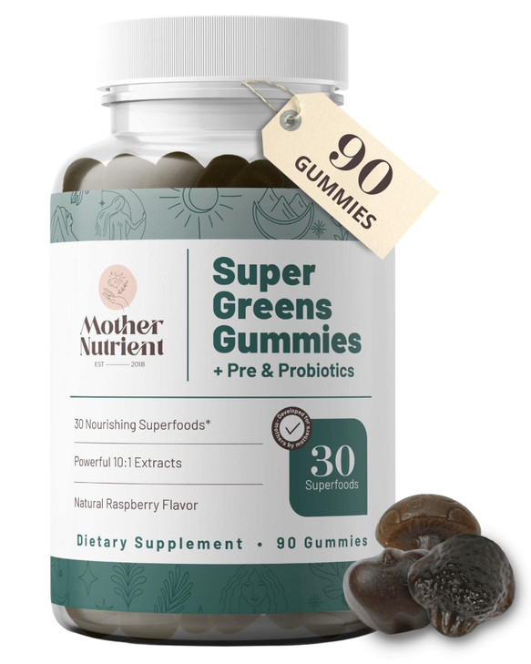 Mother Nutrient Super Greens Gummies for Women, Adults - with Prebiotics & Probiotics, Not 8, but 30 Powerful Greens Superfoods - Multivitamin Veggie