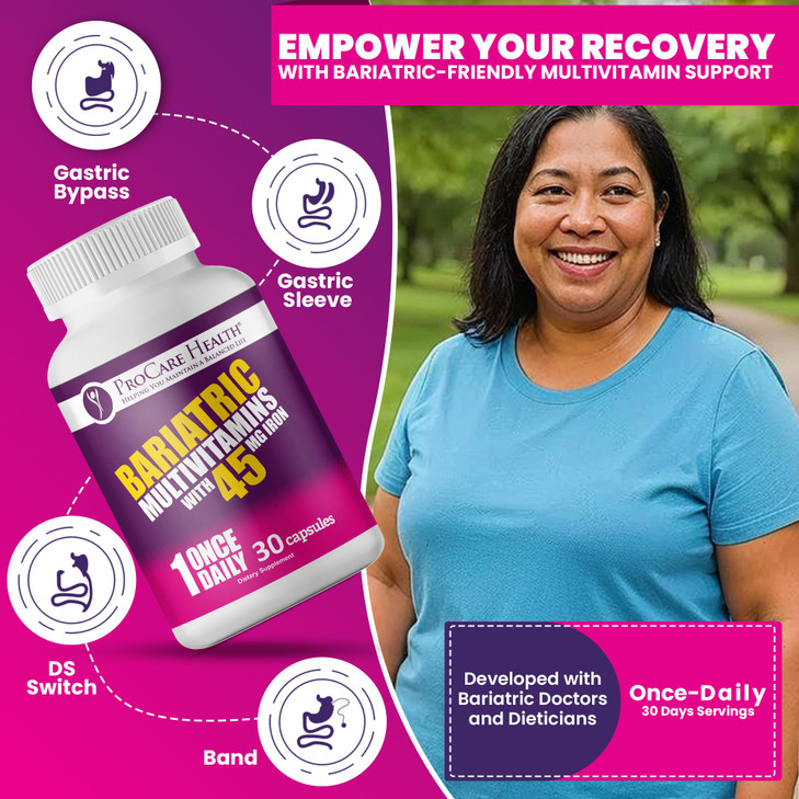 ProCare Health Bariatric Multivitamin with 45mg Iron (30 Easy to Swallow Capsules) - Once Daily Post-Op Support for Gastric Bypass & Sleeve with 1 Mo