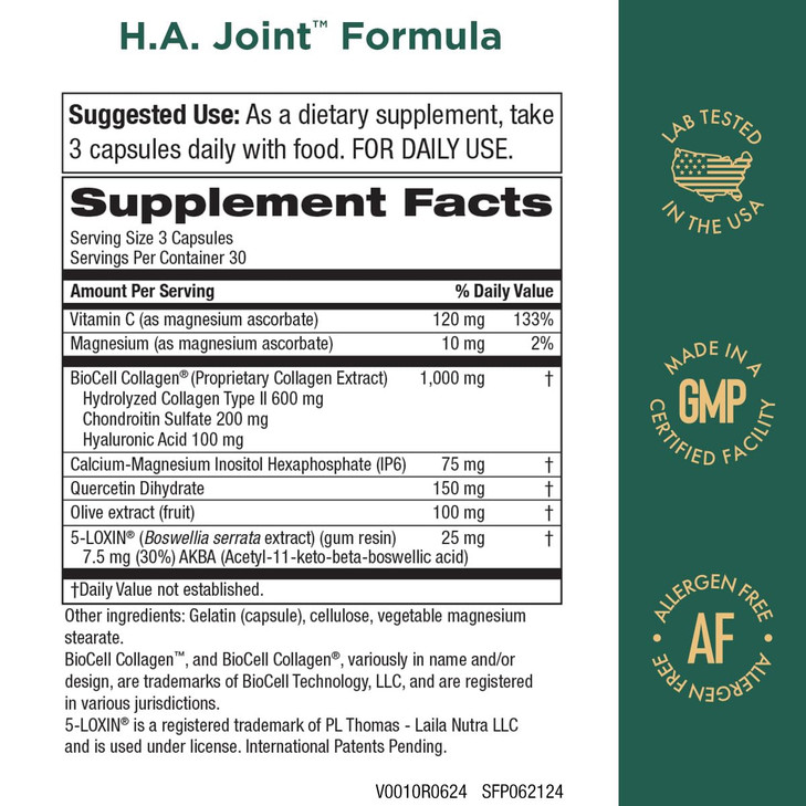 Purity Products HA Joint Formula Hyaluronic Acid + Key CoFactors - Joints + Skin Multi Collagen (Type I, II & III) - 5-Loxin - Olive Fruit Extract -