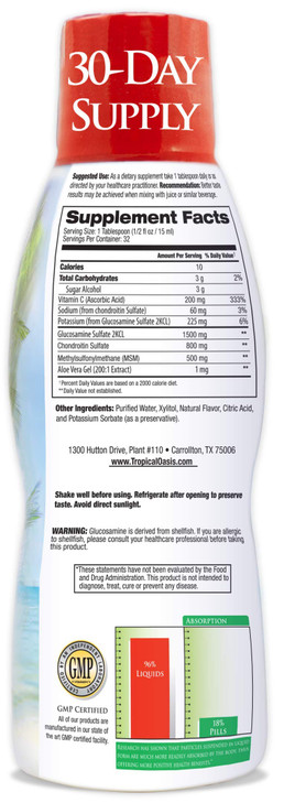 Tropical OasisPremium Liquid Glucosamine Chondroitin & MSM- Liquid Joint Support Formula 1500mg Glucosamine, 800mg Chondroitin, & 500mg MSM - 16 Fl