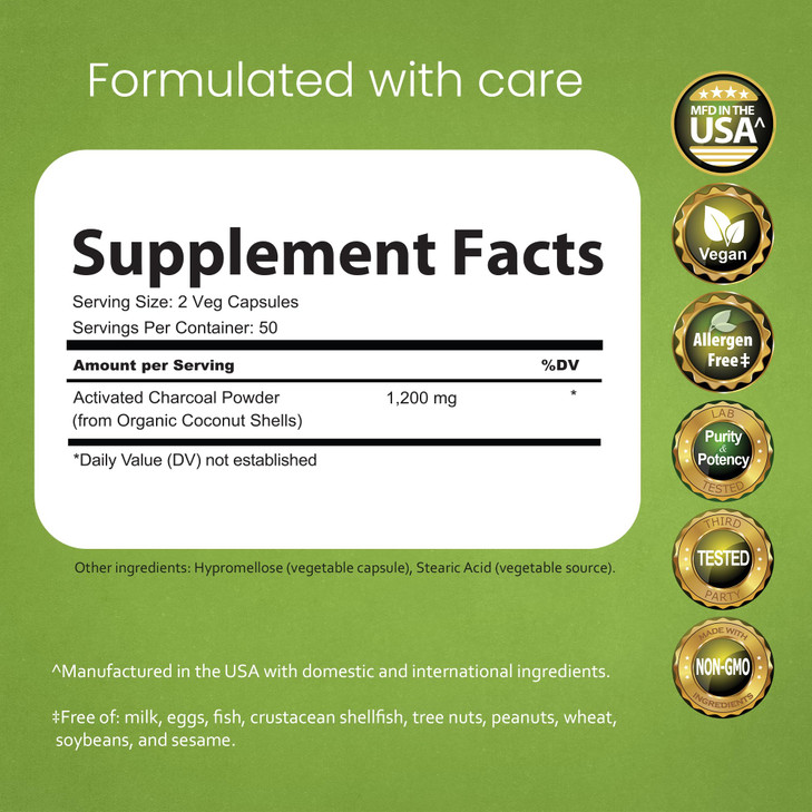 NaturaLife Labs Activated Charcoal 1200 mg per Serving  from Coconut Shells  100 Veg Capsules  Non-GMO, Gluten-Free, Vegan