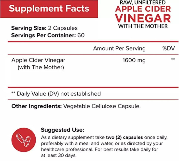 Apple Cider Vinegar Capsules with The Mother - 120 Vegan ACV Pills - Best Supplement for Healthy Weight Loss, Diet, Keto, Digestion, Detox, Immune -