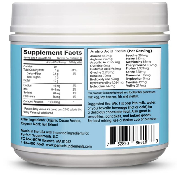 Perfect Supplements - Perfect Hydrolyzed Collagen Chocolate  396 Grams  Bovine Hydrolyzed Collagen Peptides  Pesticide & Hormone Free  Brazilian