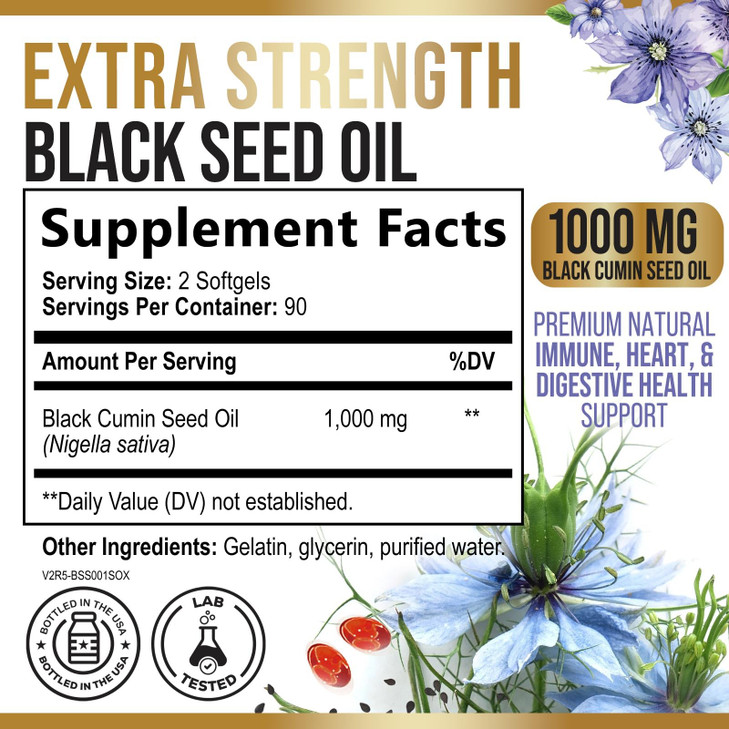 Black Seed Oil Capsules 1000mg - Premium Nigella Sativa Blackseed, Pure Natural Black Cumin Seed Oil & Antioxidant for Skin & Immune Support - Gluten