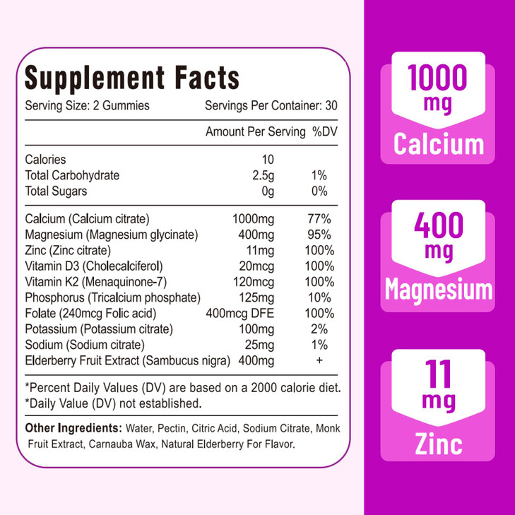 Calcium Magnesium Zinc Gummies with Vitamin D3 and K2, High Absorption Magnesium Glycinate Potassium for Immune and Muscles, Vegan Elderberry Flavor