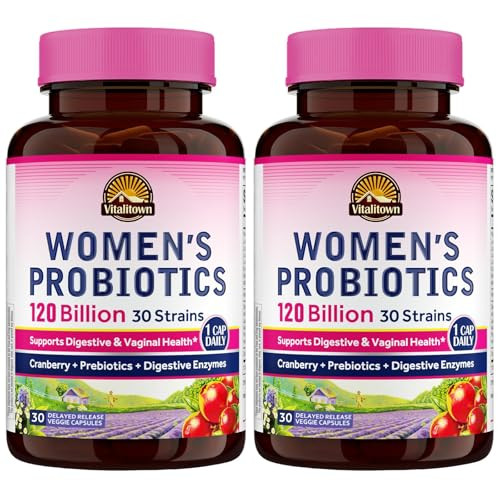 Vitalitown Probiotics for Women 120 Billion CFUs, 30 Strains, with Prebiotics & Digestive Enzymes & Cranberry, Gut & Vaginal Health, Vegan 60 (Pack o