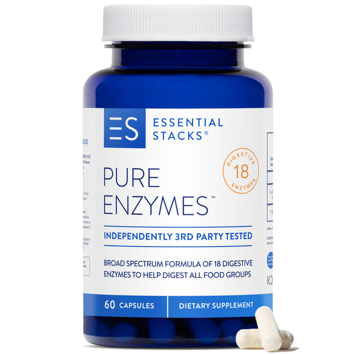 Essential Stacks Pure Digestive Enzymes (Gluten, Dairy & Soy Free) - 18 Enzymes for Digestion incl. Amylase, Lipase & Lactase - Vegetarian & Non-GMO