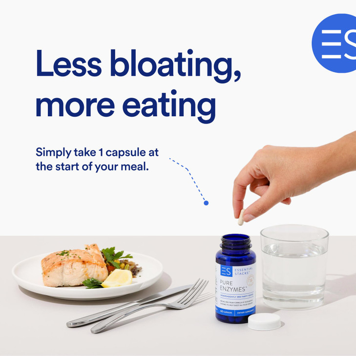 Essential Stacks Pure Digestive Enzymes (Gluten, Dairy & Soy Free) - 18 Enzymes for Digestion incl. Amylase, Lipase & Lactase - Vegetarian & Non-GMO