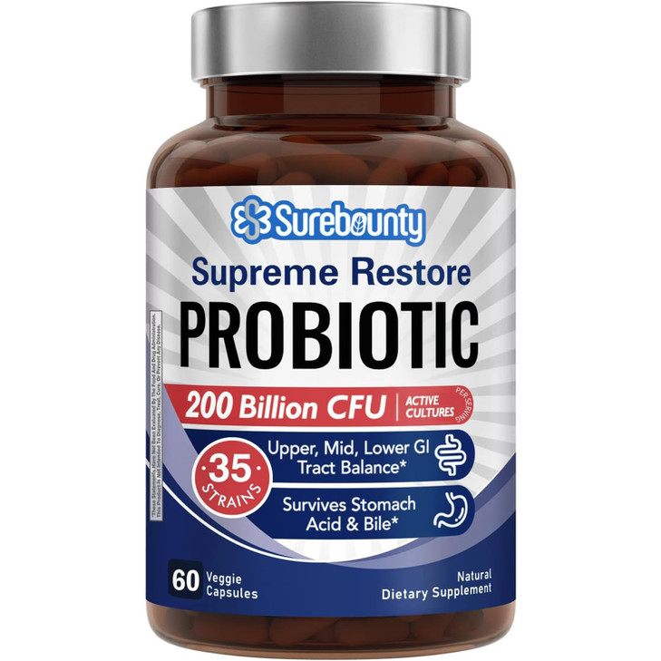 Surebounty Probiotic for Men & Women, 200 Billion CFU 35 Strains, Prebiotics + Digestive Enzymes, Supreme Restore Probiotic Supplement, 60 Veggie Cap