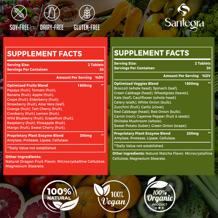 Santegra 2000 MG Fruit and Veggies Supplement, 35+ Fruits and Vegetables for Daily Variety, 100% Whole Food Superfoods, Natural Vitamins for Women &