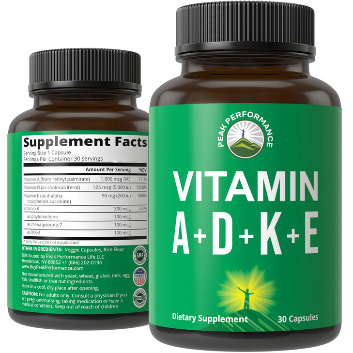 Peak Performance Vitamins D 5,000 iu + A + K + E All in 1 Easy to Swallow Vegan Capsule. ADK Vitamin Supplement with E D3 K2. Essential Vitamins for