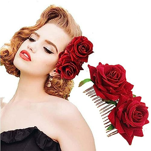 Xiaokeis Wedding Rose Flower Hair Comb, Faux Velvet Red Rose Bridal Hair Clip, Floral Hair Accessory for Women and Girls