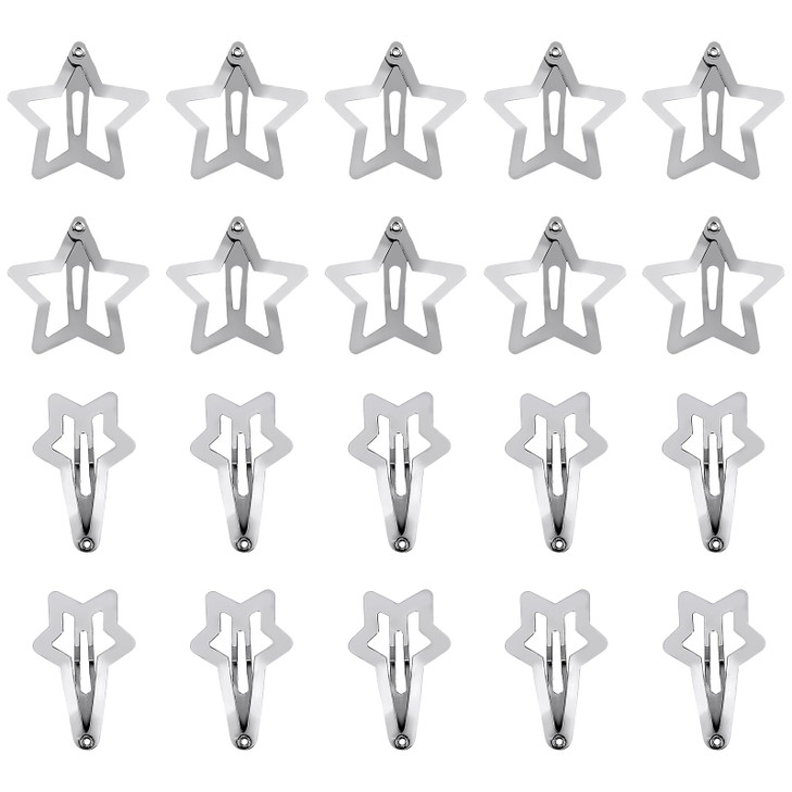 20pcs Star Snap Hair Clips, 1.2 Inch & 1.3 Inch y2k Silver Hair Clips Metal Star Hair Barrettes Hair Accessories for Women Girls Hair Styling