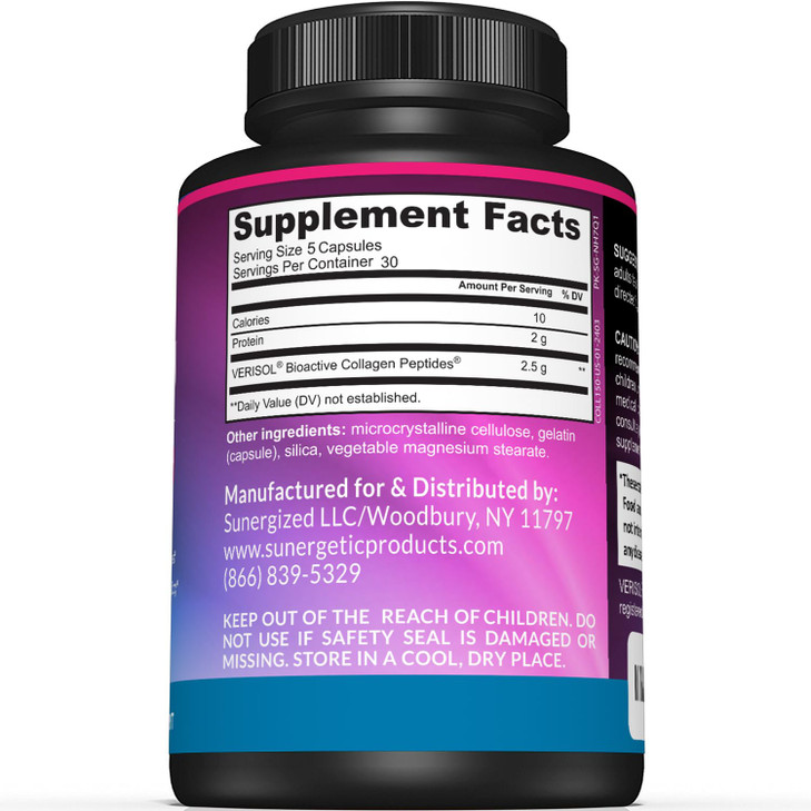 Sunergetic Premium Collagen Peptides Capsules  2500 mg of VERISOL Collagen Peptides Type 1 & Type 3  Multi Collagen Supplement to Support Joint Hea