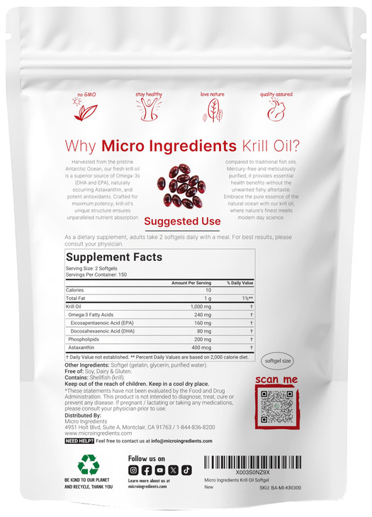 Micro Ingredients Antarctic Krill Oil Supplement, 1000mg Per Serving, 300 Soft-Gels, Rich in Omega-3s EPA, DHA & Natural Astaxanthin, Supports Immune