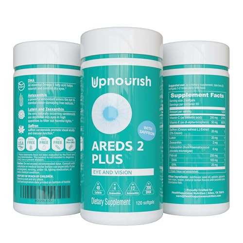 UpNourish AREDS 2 Plus Eye Vitamin Supplement, AREDS 2 Zinc Free Formula with Lutein, Zeaxanthin, Saffron, Astaxanthin & DHA - 120 softgels